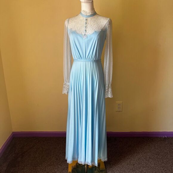 Vintage 70s Blue Lace Long Sleeve Nightgown Hostess Dress Victorian Small - Picture 12 of 12